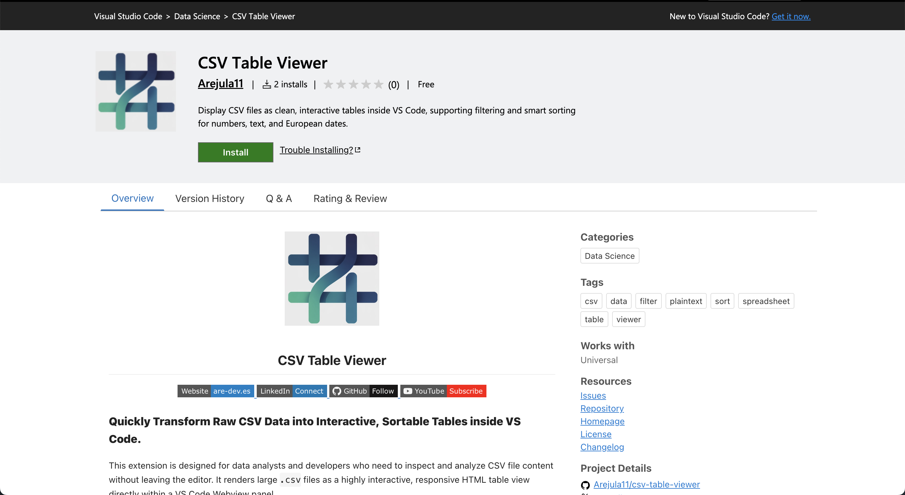 CSV Table Viewer in Marketplace