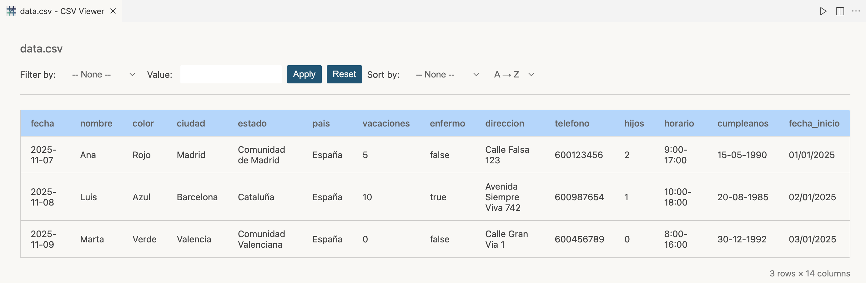 CSV Table Viewer Example
